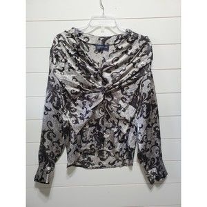 Jones New York womens size L black gray tie wrap Vneck blouse lightweight zipper